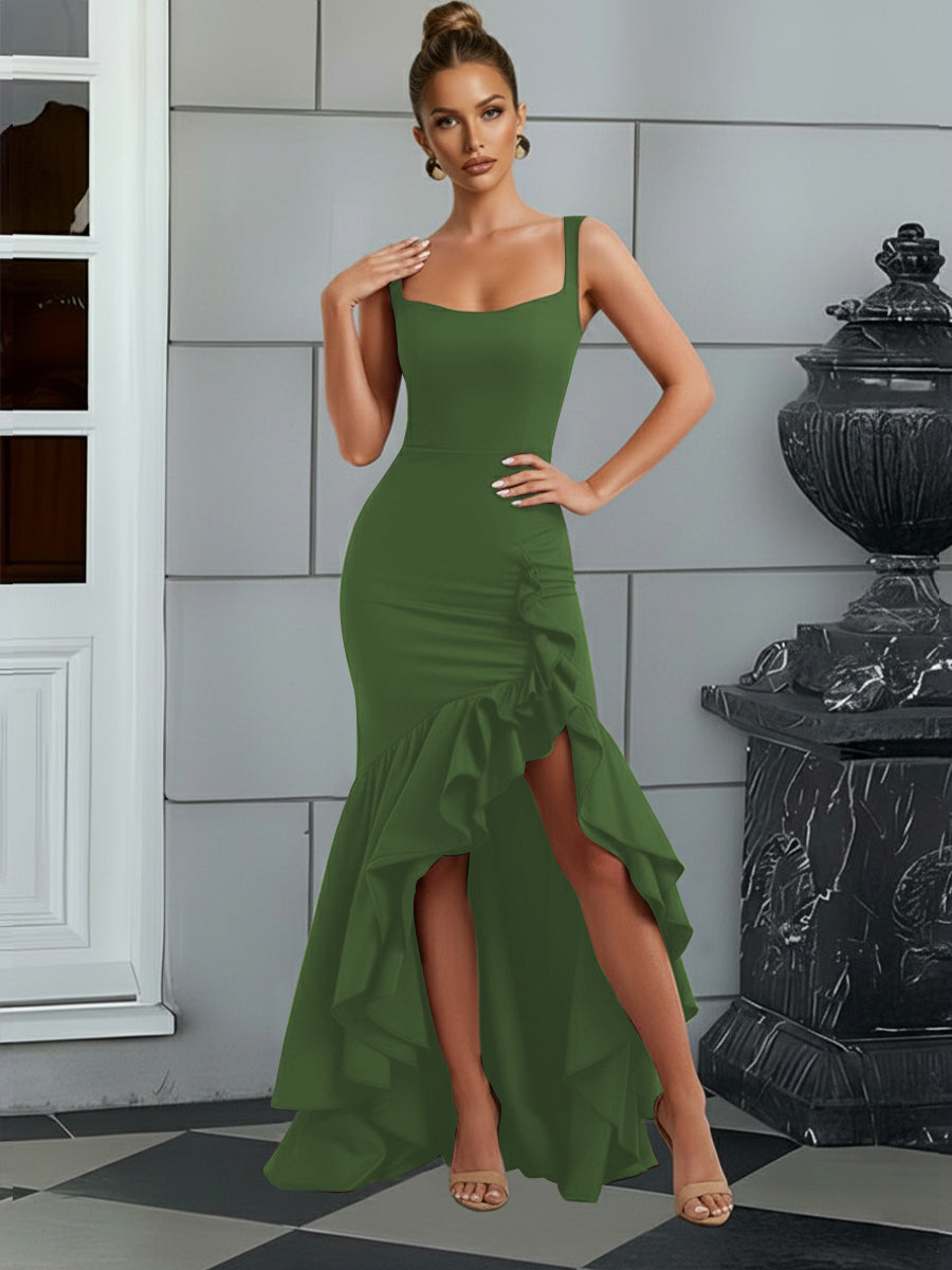 Bodycon Spaghetti Strap Maxi Evening Dresses with Ruffle Slit