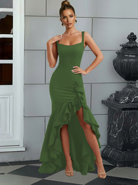 Bodycon Spaghetti Strap Maxi Evening Dresses with Ruffle Slit