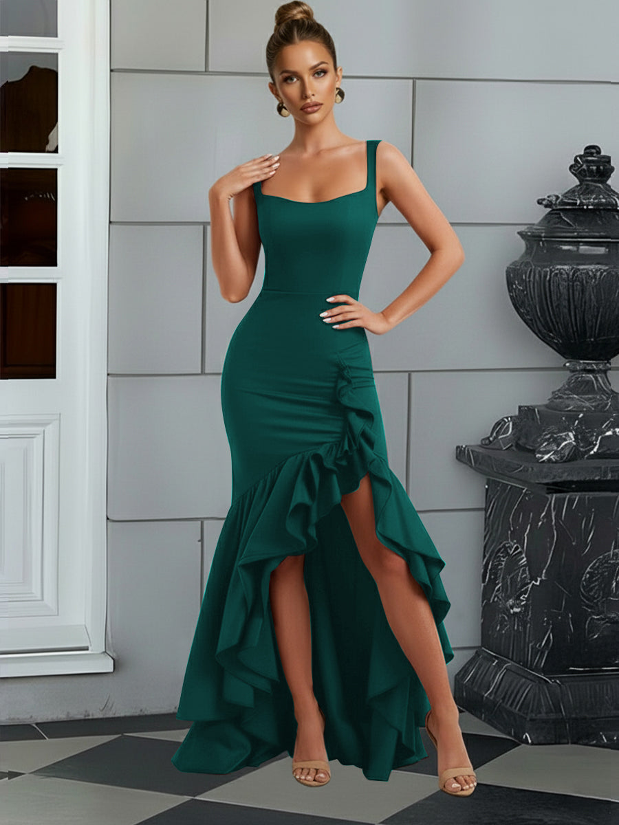 Bodycon Spaghetti Strap Maxi Evening Dresses with Ruffle Slit