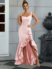 Bodycon Spaghetti Strap Maxi Evening Dresses with Ruffle Slit