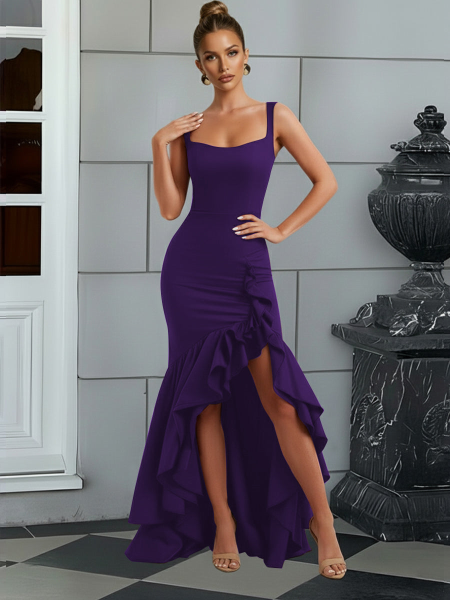 Bodycon Spaghetti Strap Maxi Evening Dresses with Ruffle Slit