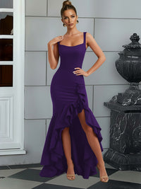 Bodycon Spaghetti Strap Maxi Evening Dresses with Ruffle Slit