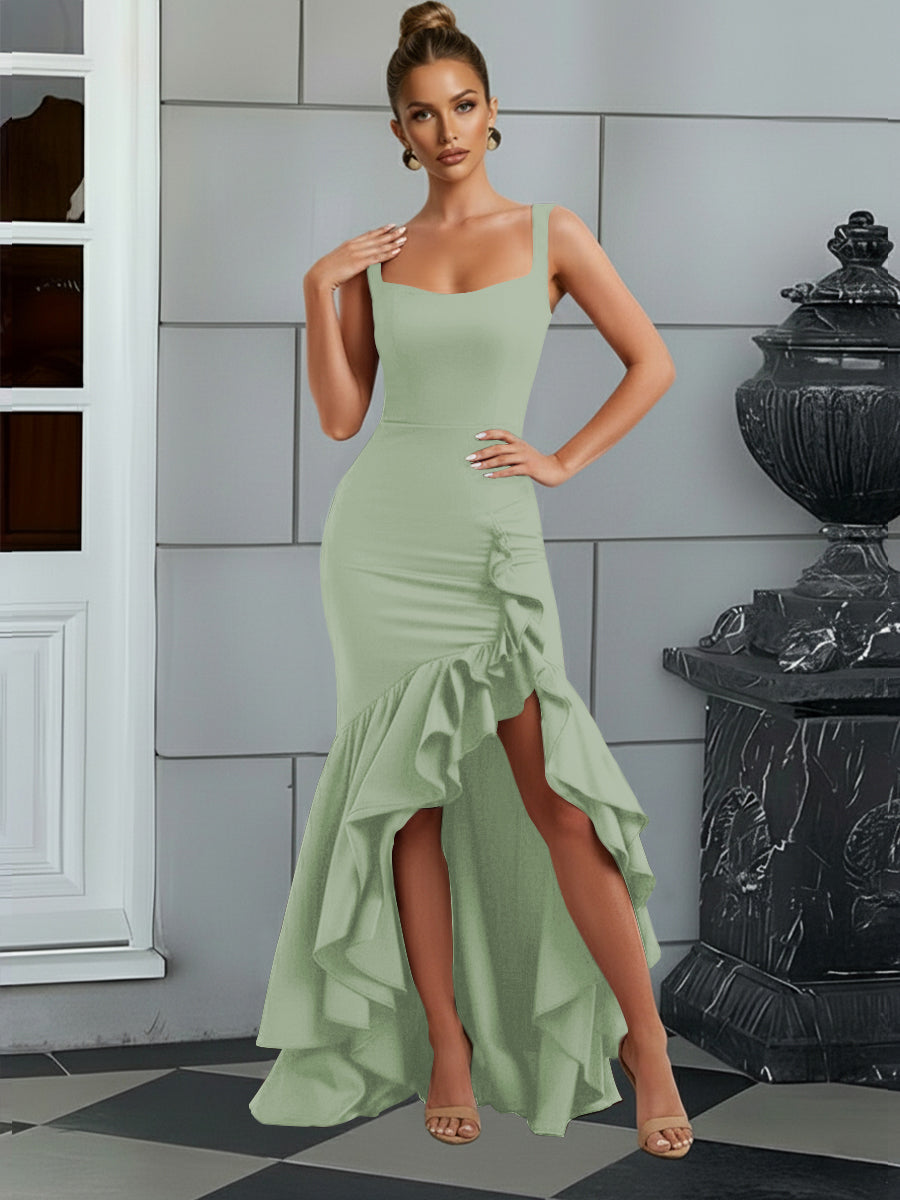 Bodycon Spaghetti Strap Maxi Evening Dresses with Ruffle Slit