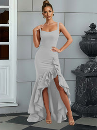 Bodycon Spaghetti Strap Maxi Evening Dresses with Ruffle Slit