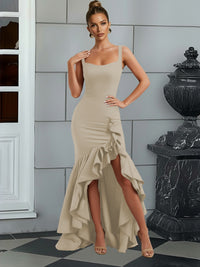 Bodycon Spaghetti Strap Maxi Evening Dresses with Ruffle Slit