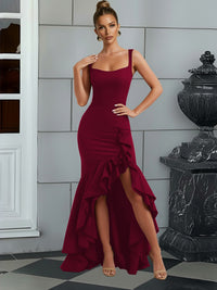 Bodycon Spaghetti Strap Maxi Evening Dresses with Ruffle Slit