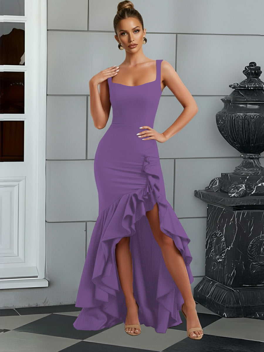 Bodycon Spaghetti Strap Maxi Evening Dresses with Ruffle Slit
