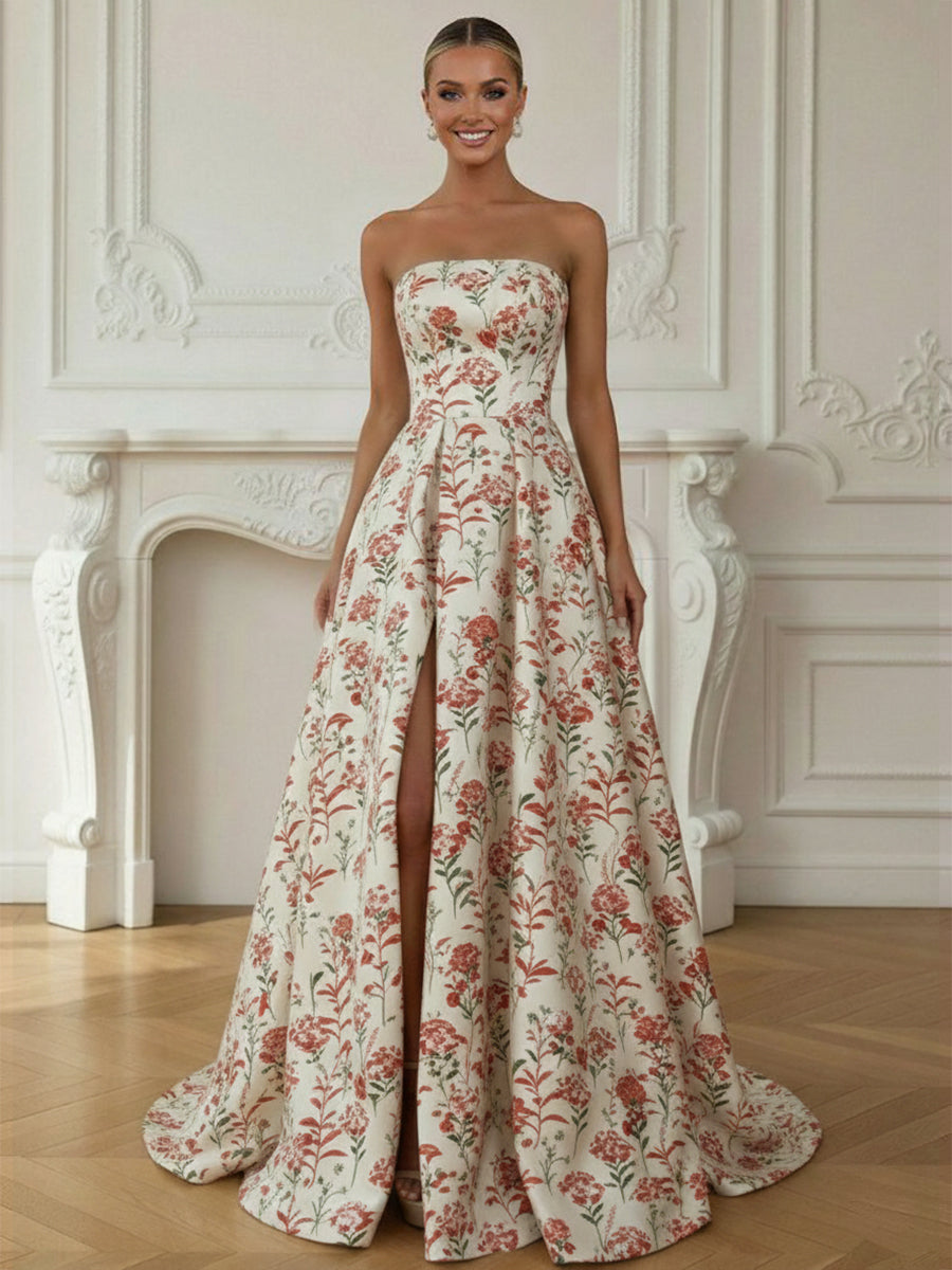 A-Line/Princess Strapless Jacquard Long Prom Dress for Teens Ball Gown with Side Slit