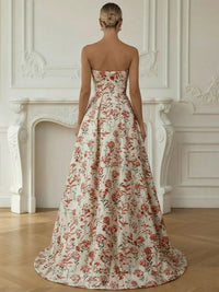 A-Line/Princess Strapless Jacquard Long Prom Dress for Teens Ball Gown with Side Slit