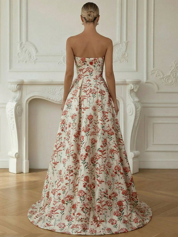 A-Line/Princess Strapless Jacquard Long Prom Dress for Teens Ball Gown with Side Slit