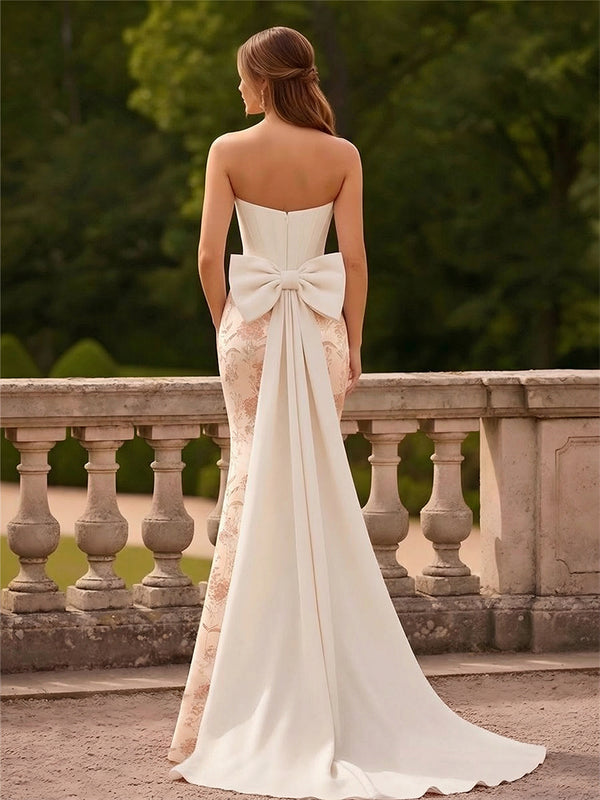 Jacquard Mermaid Strapless Long Prom Dress for Teens with Bow