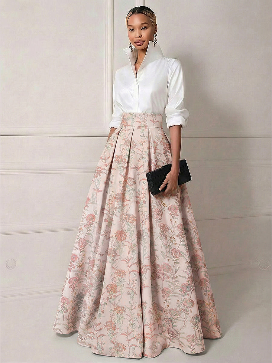 A Line Shirt Collar Half Sleeve Long Mother of the Bride Dresses with Jacquard