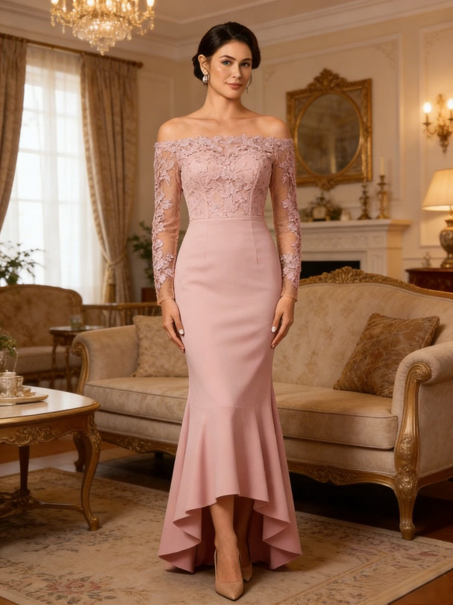 Hi-Lo Lace Applique Off Shoulder Long Sleeve Mother of the Bride Dresses