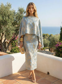 Cape Sleeve Floral Jacquard Satin Tea-Length Ruched Mother of the Bride Dresses 2 Piece