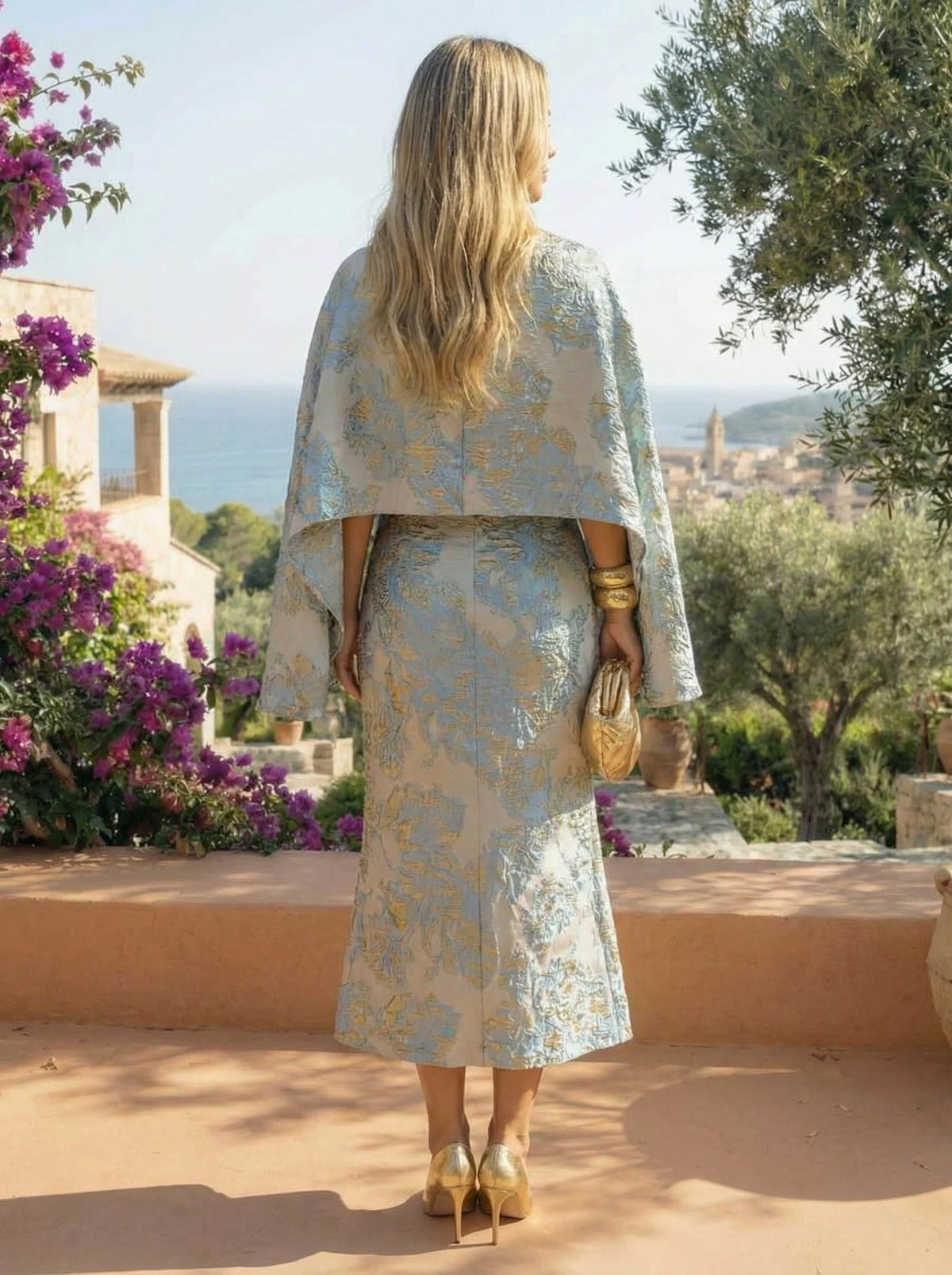 Cape Sleeve Floral Jacquard Satin Tea-Length Ruched Mother of the Bride Dresses 2 Piece