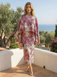 Cape Sleeve Floral Jacquard Satin Tea-Length Ruched Mother of the Bride Dresses 2 Piece