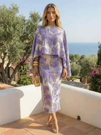 Cape Sleeve Floral Jacquard Satin Tea-Length Ruched Mother of the Bride Dresses 2 Piece