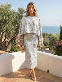 Cape Sleeve Floral Jacquard Satin Tea-Length Ruched Mother of the Bride Dresses 2 Piece
