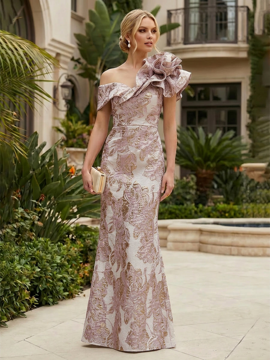 Sheath Floral Jacquard Off Shoulder Mother of the Bride & Groom Dresses with Flower