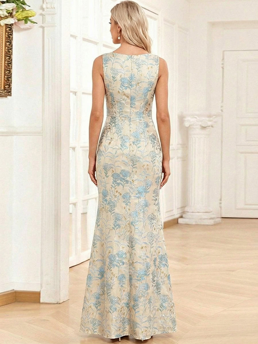 Jacquard Mermaid Round Neck Long Formal Evening Dresses Elegant Party Dress