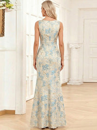 Jacquard Mermaid Round Neck Long Formal Evening Dresses Elegant Party Dress
