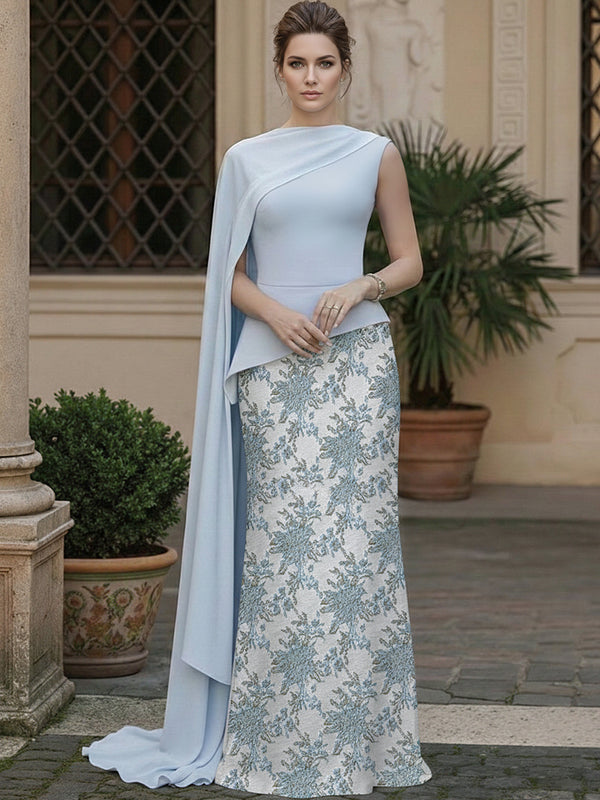 Two-Piece Sheath Scoop Neck Asymmetrical Waist Long Evening Dresses with Shawl