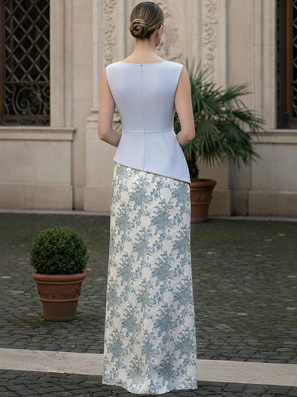 Two-Piece Sheath Scoop Neck Asymmetrical Waist Long Evening Dresses with Shawl