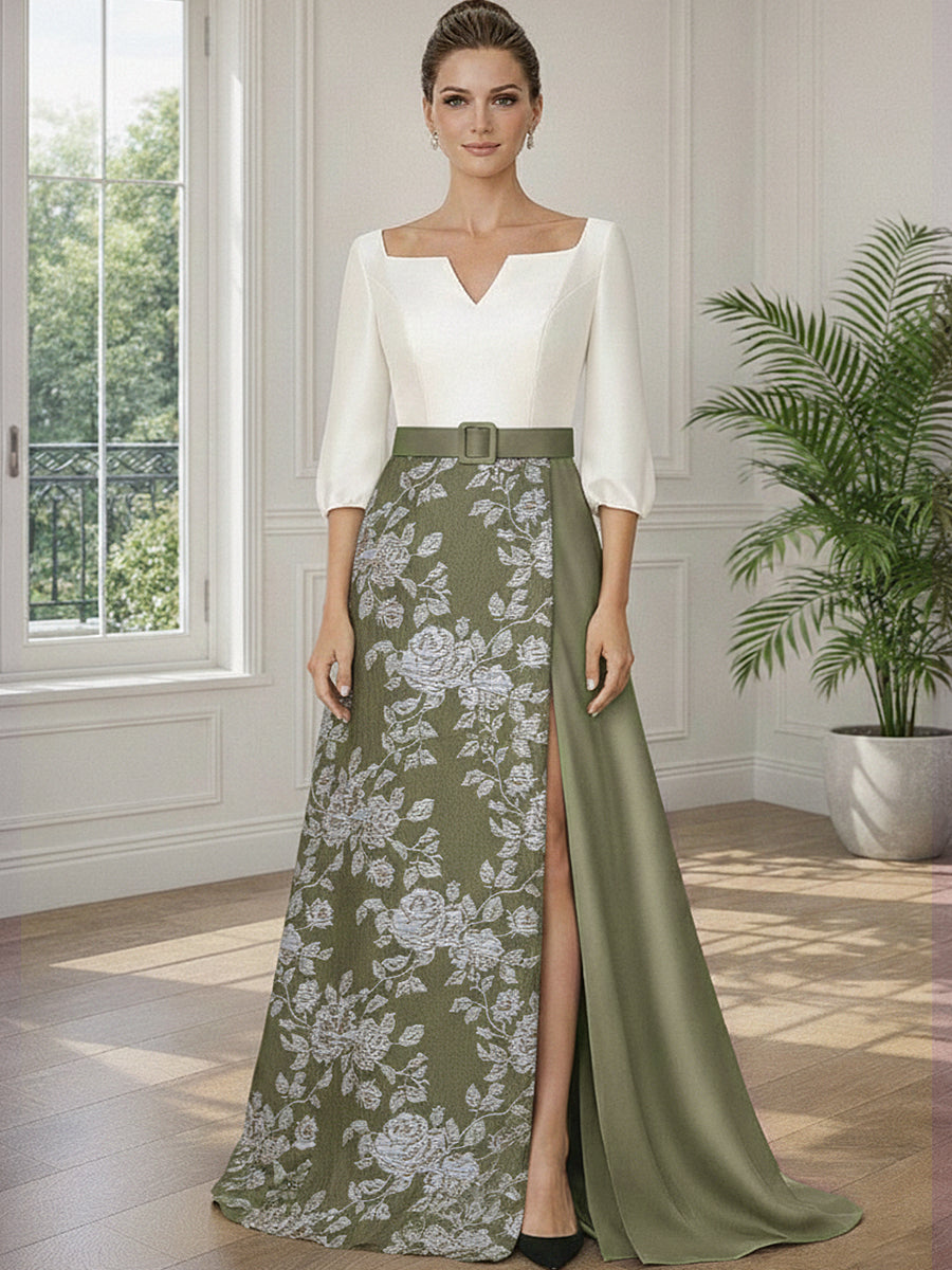 Jacquard A-Line V-Neck 3/4 Sleeve Long Evening Dresses with Belt