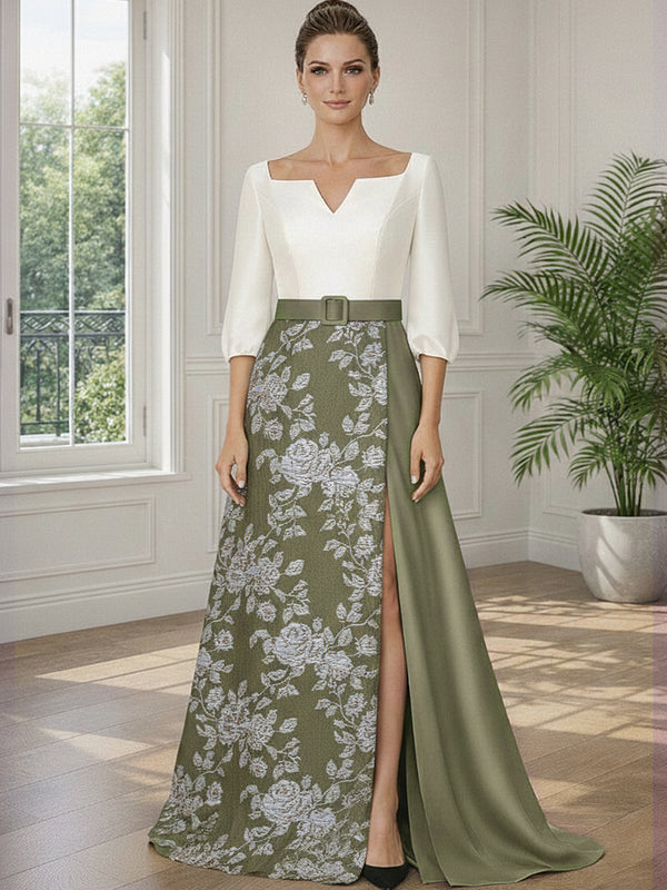 Jacquard A-Line V-Neck 3/4 Sleeve Long Evening Dresses with Belt