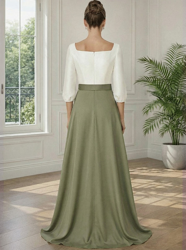 Jacquard A-Line V-Neck 3/4 Sleeve Long Evening Dresses with Belt