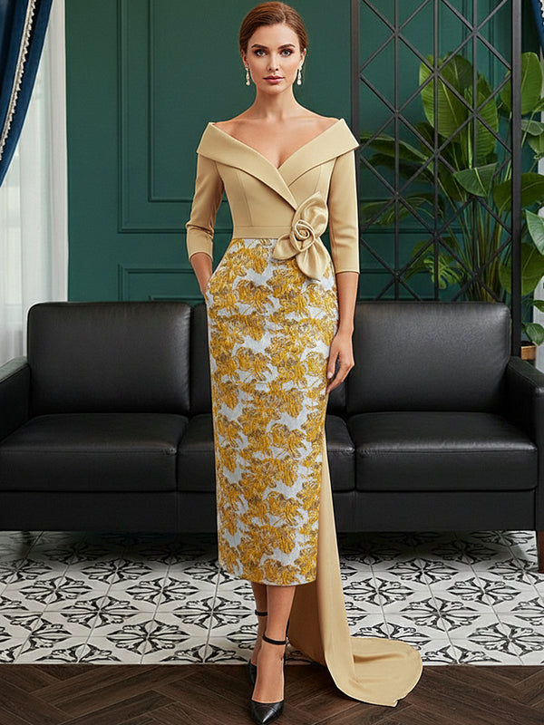 Jacquard Off Shoulder V-Neck 3/4 Sleeve Midi Evening Dresses with 3D Flower