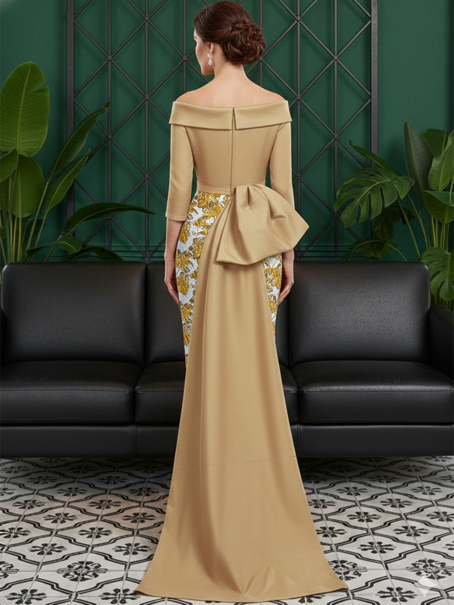 Jacquard Off Shoulder V-Neck 3/4 Sleeve Midi Evening Dresses with 3D Flower