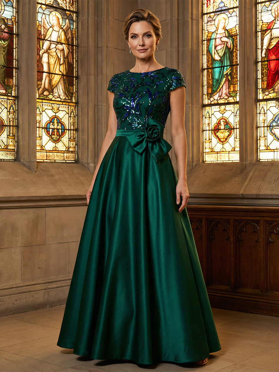 Silk Satin A-Line Cap Sleeve Round Neck Maxi Mother of the Bride Dresses with Sequin Applique
