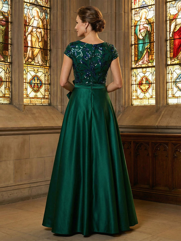 Silk Satin A-Line Cap Sleeve Round Neck Maxi Mother of the Bride Dresses with Sequin Applique