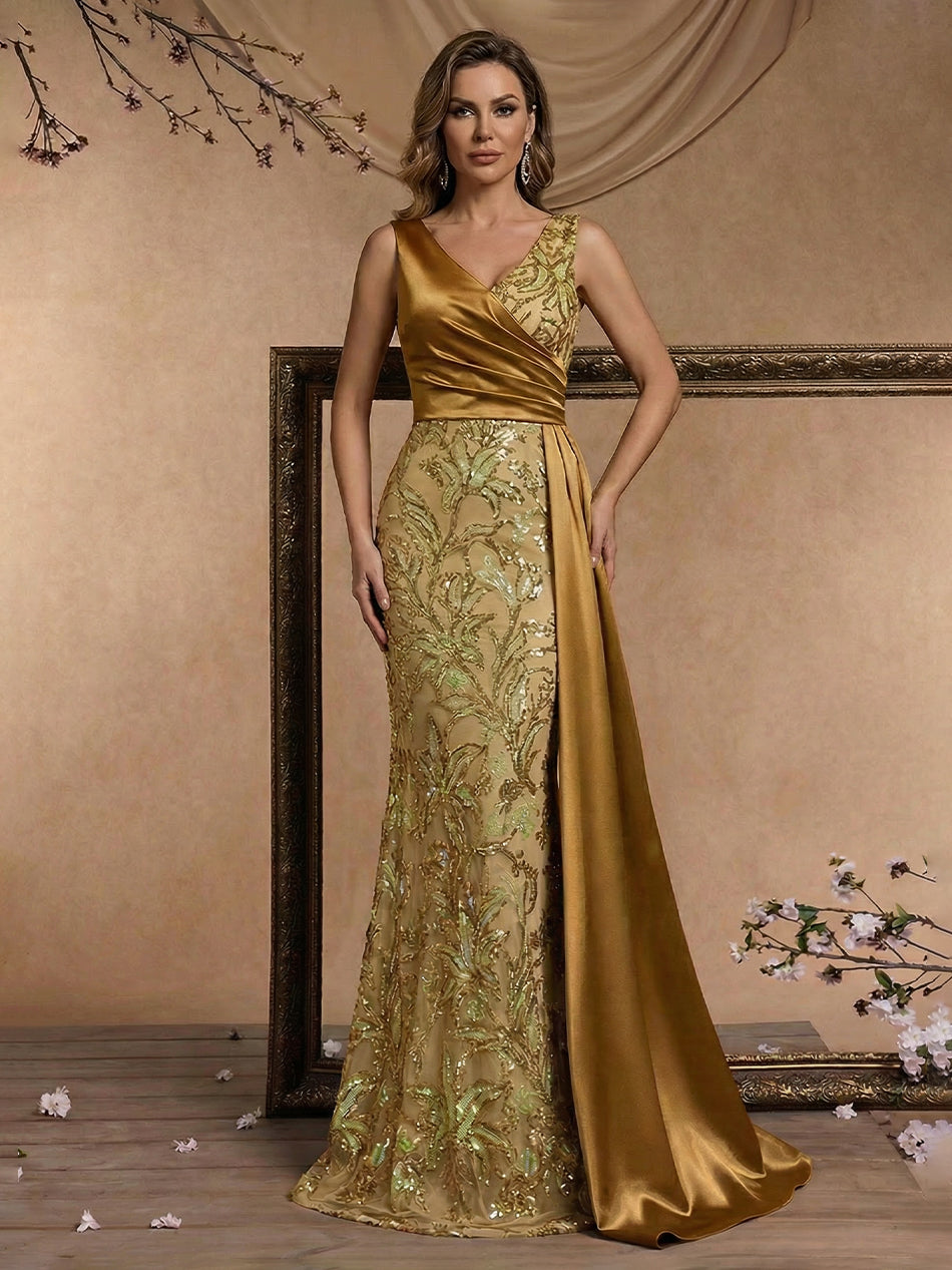 Floral Sequin Mermaid V-Neck Mixed Ruched Long Evening Dresses with Trail