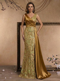 Floral Sequin Mermaid V-Neck Mixed Ruched Long Evening Dresses with Trail