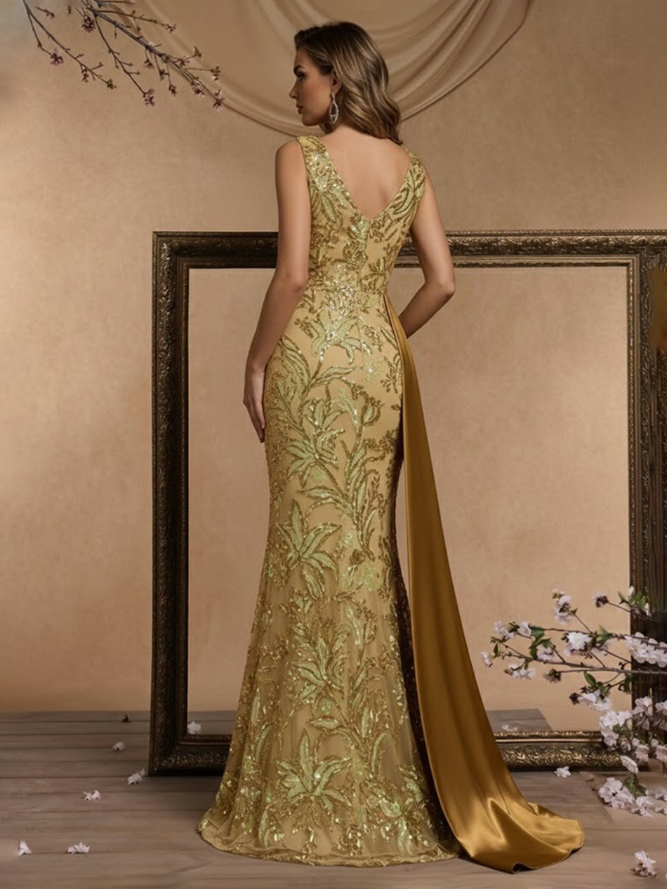 Floral Sequin Mermaid V-Neck Mixed Ruched Long Evening Dresses with Trail