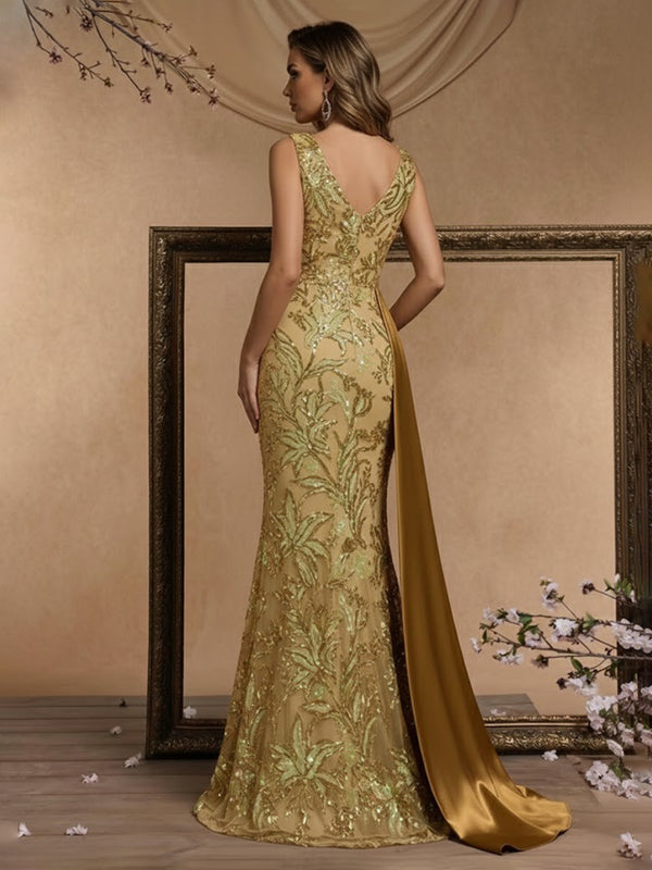 Floral Sequin Mermaid V-Neck Mixed Ruched Long Evening Dresses with Trail
