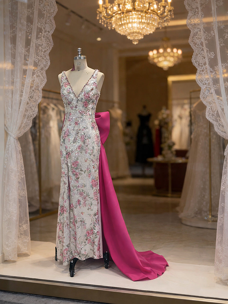 Mermaid Halter Deep V Neck Floral Sequin Floor Length Prom Dresses with Slit