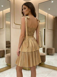 Sequins Tiered Pleated Metallic Mini V-Neck Cocktail Gowns for Teens Homecoming Dresses with Bows