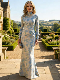 Mermaid Long Sleeve Ruched Jacquard Floor-Length Mother of the Bride Dresses with High Neck