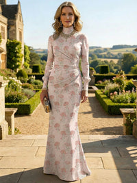 Mermaid Long Sleeve Ruched Jacquard Floor-Length Mother of the Bride Dresses with High Neck