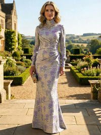 Mermaid Long Sleeve Ruched Jacquard Floor-Length Mother of the Bride Dresses with High Neck