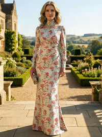 Mermaid Long Sleeve Ruched Jacquard Floor-Length Mother of the Bride Dresses with High Neck