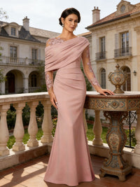 Satin Lace Applique One Shoulder Mermaid Long Sleeve Mother of the Bride Dresses