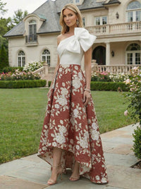 A-Line Floral Jacquard High-Low Hem Mother of the Bride & Groom Dresses One Shoulder Evening Gowns with Bow