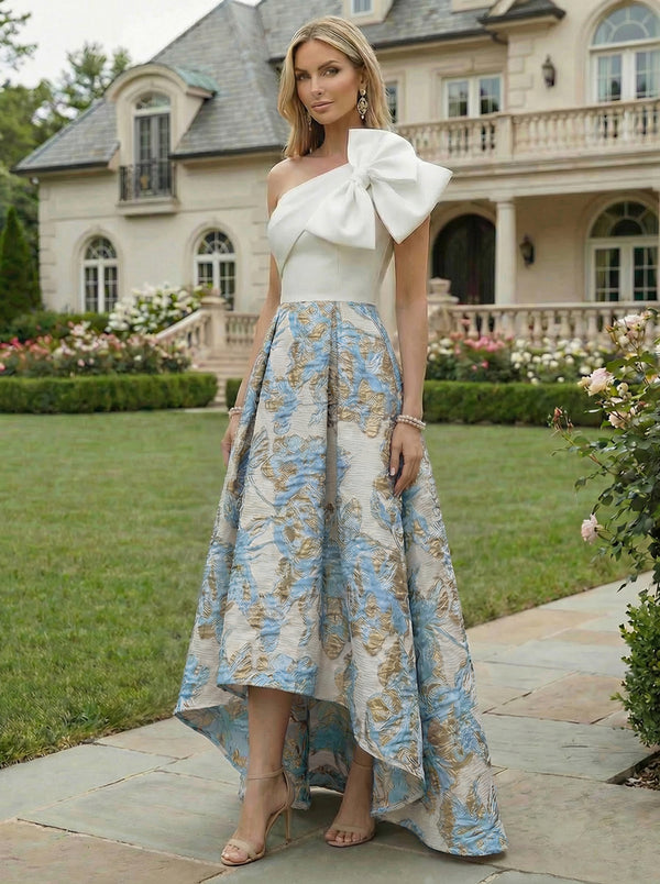 A-Line Floral Jacquard High-Low Hem Mother of the Bride & Groom Dresses One Shoulder Evening Gowns with Bow