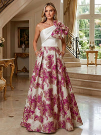 A-Line Floral Jacquard One Shoulder Mother of the Bride & Groom Dresses Floor-Length Evening Gowns with Bow