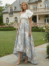 A-Line Floral Jacquard High-Low Hem Mother of the Bride & Groom Dresses One Shoulder Evening Gowns with Bow