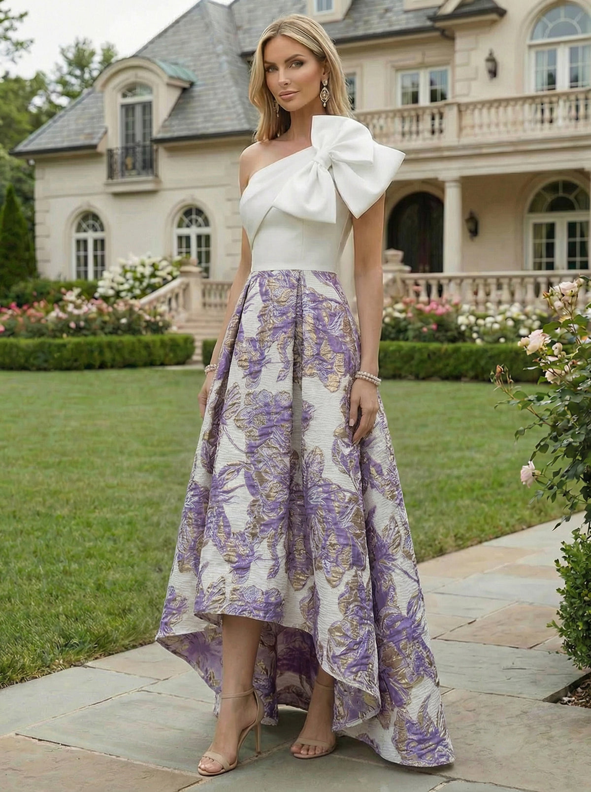 A-Line Floral Jacquard High-Low Hem Mother of the Bride & Groom Dresses One Shoulder Evening Gowns with Bow